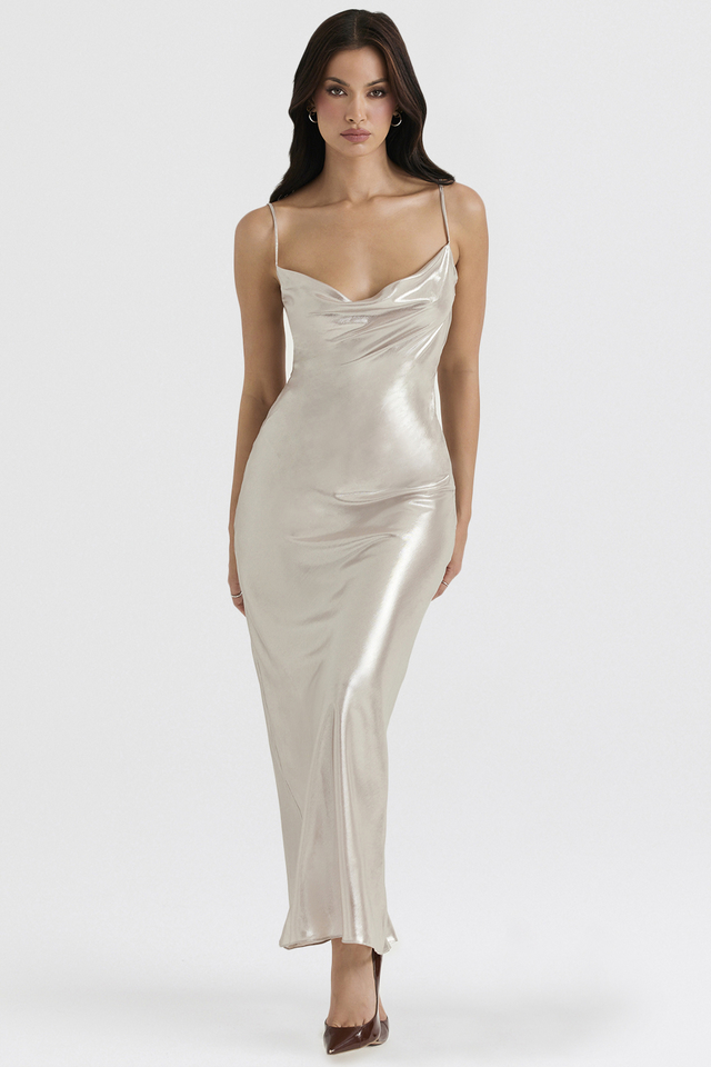 'Leia' Champagne Shimmer Low Back Maxi Dress